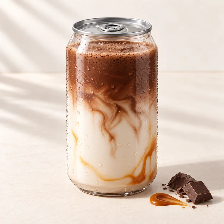 Serveersuggestie: gekoelde Salted Caramel Choco met chocolade-karamellaag.