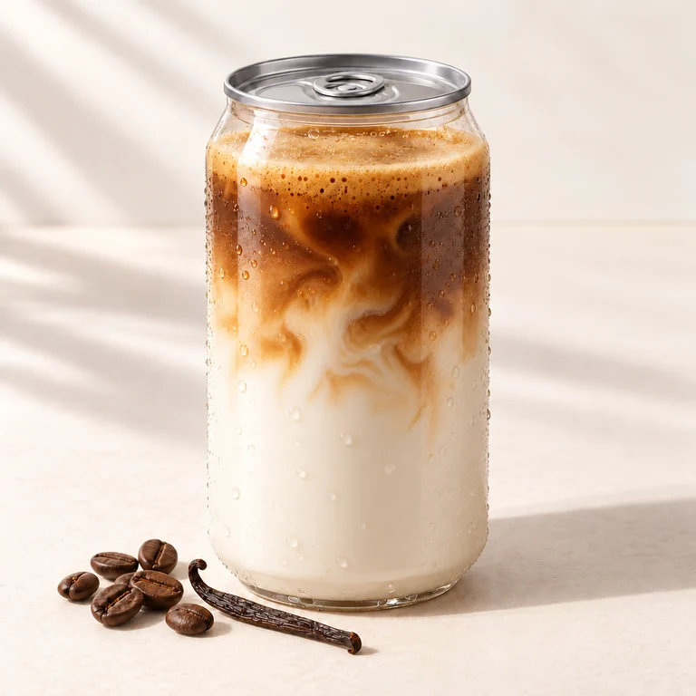 Serveersuggestie: Espresso Vanilla Latte met witte melk en espresso-marmering.