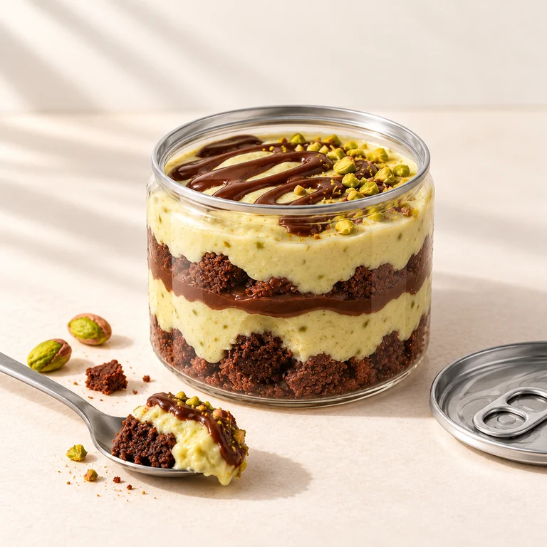 Serveersuggestie: breed Pistache & Choco-dessertblikje met brownie en pistachelagen.