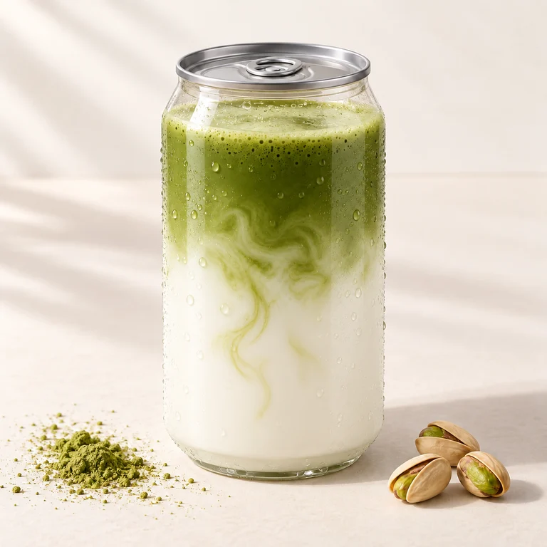 Serveersuggestie: gekoelde Pistache Matcha Latte met witte melk en groene bovenlaag.