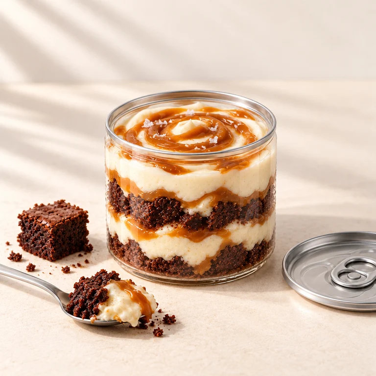 Serveersuggestie: Brownie Salted Caramel-dessert met natuurlijke lagen en een proeflepeltje.