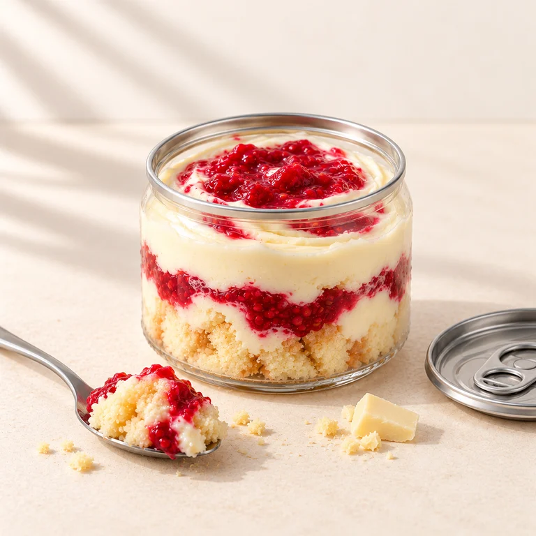 Serveersuggestie: breed Framboos White Choco-dessertblikje met frambozen en proeflepeltje.
