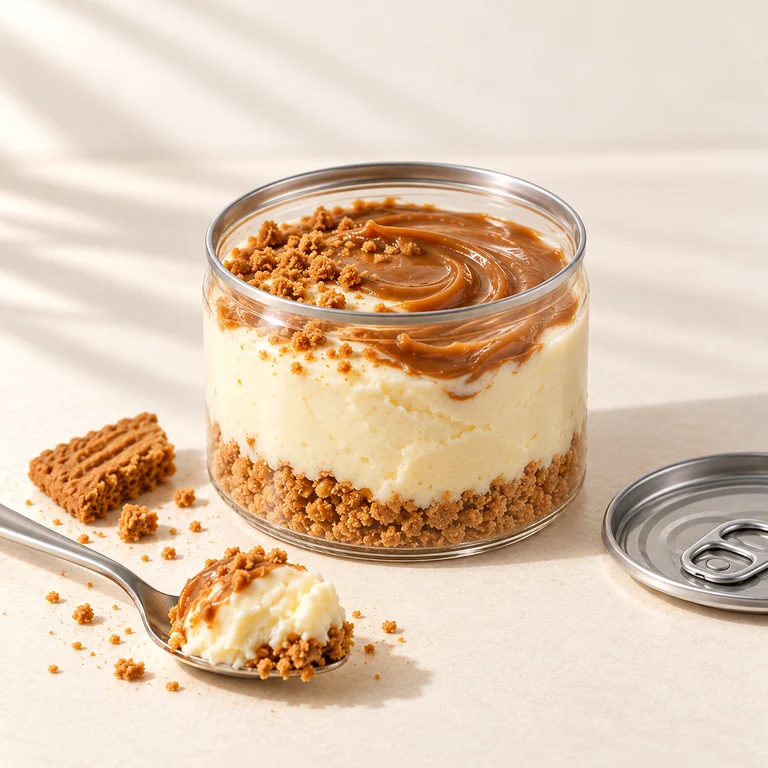 Serveersuggestie: breed Speculoos Cheesecake-dessertblikje met proeflepeltje.